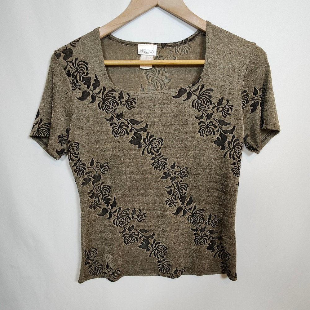 Nicola Petites Knit Top Women's Medium Petite Floral Metallic Short Sleeve